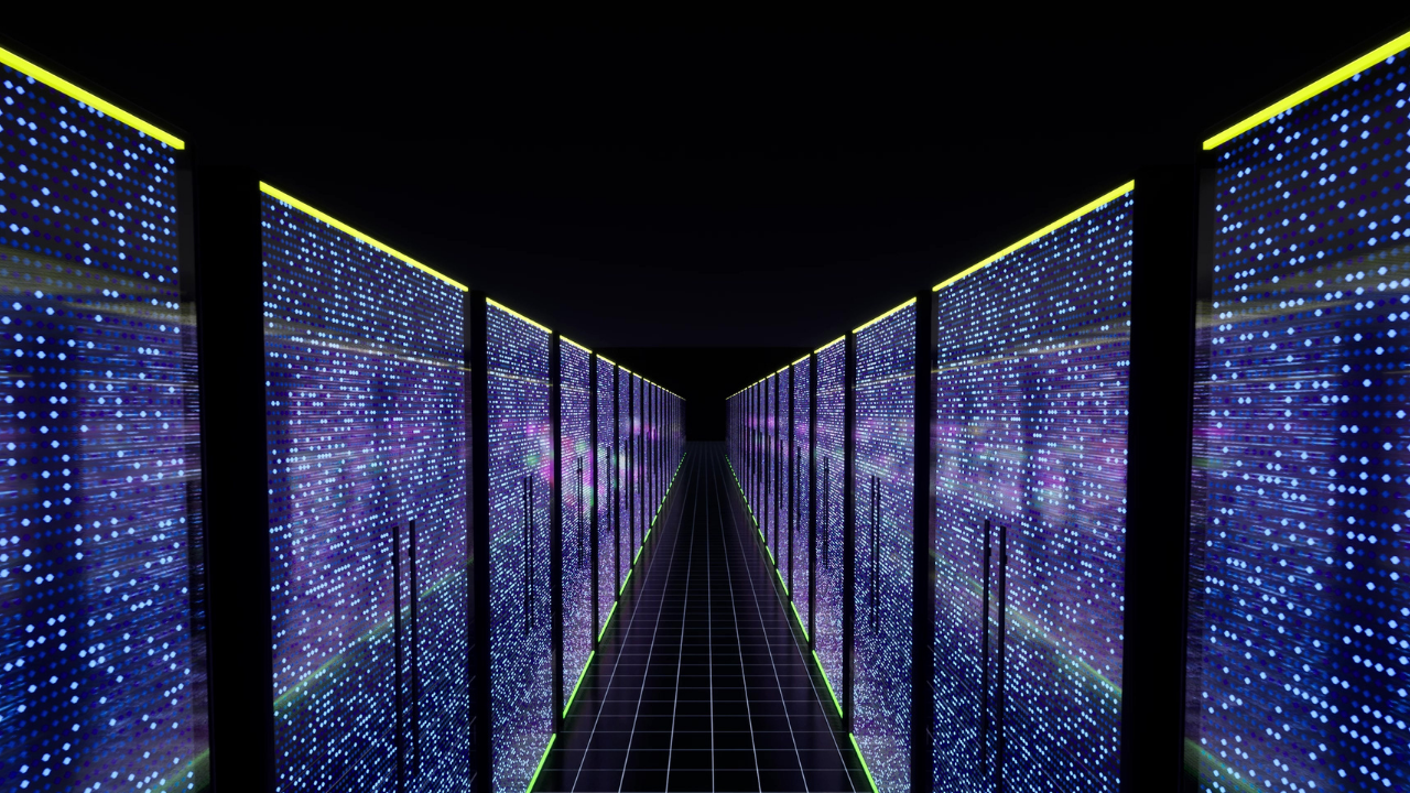 Dark hallway with purple cyber space windows