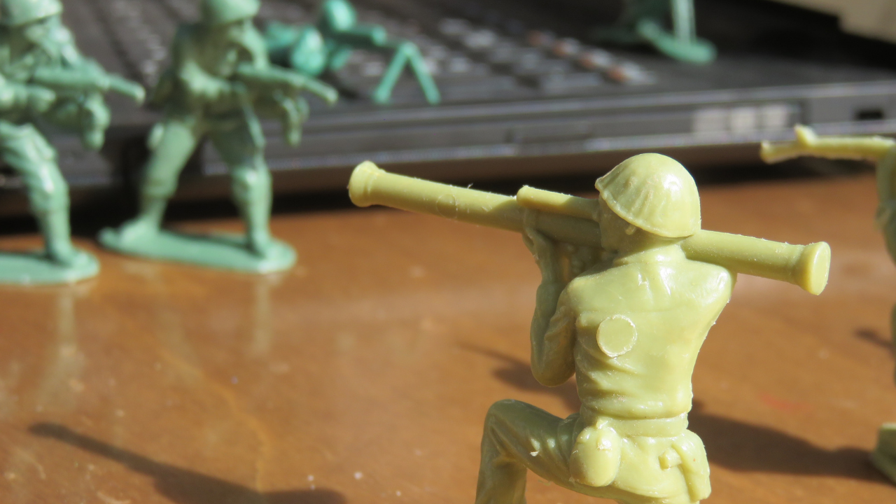 Miniature military toy figures on floor