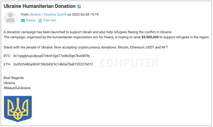 "Help Ukraine" phishing email