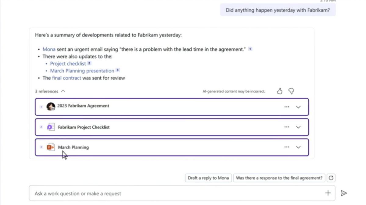 A demonstration of how Microsoft Copilot can personalize the user's experience based on data such as their writing style, past correspondences, etc to improve productivity, output, and efficiency.